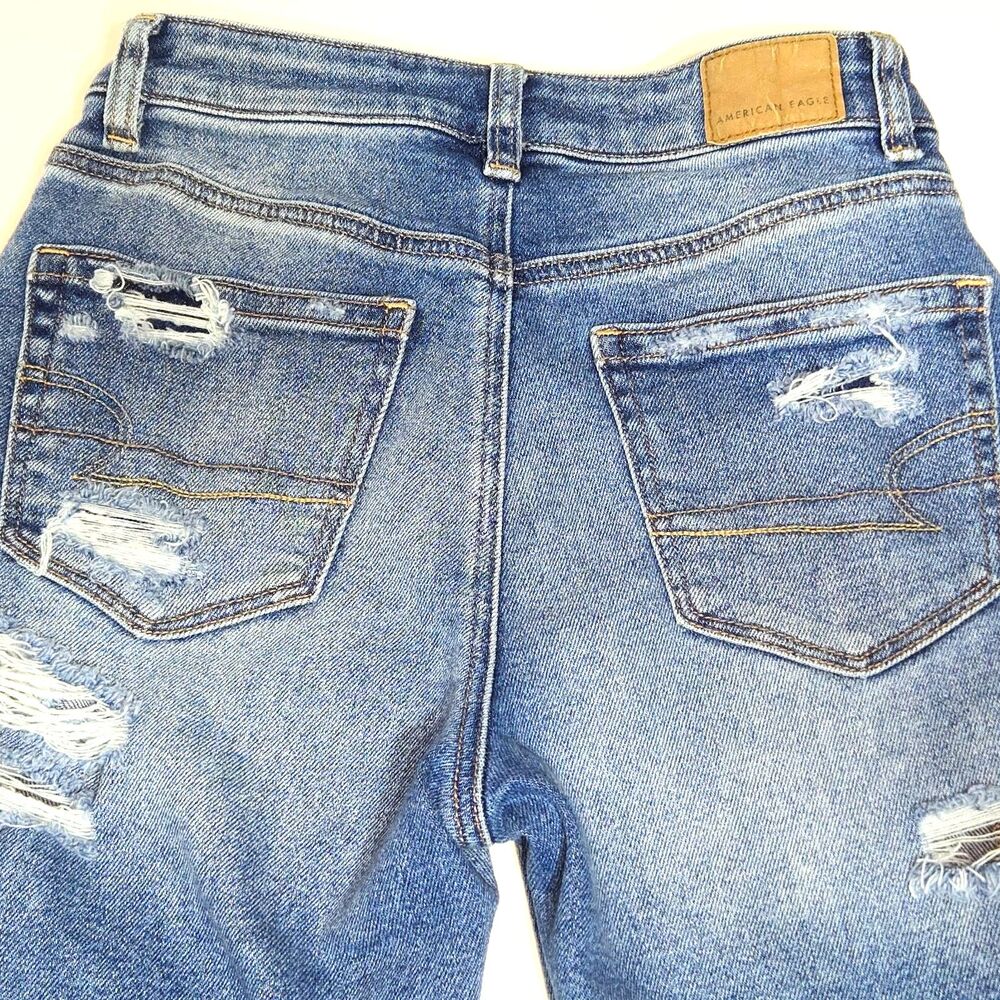 American Eagle High Waisted Mom Jeans Distressed Raw Hem Women's Size 00 X Short - Picture 4 of 12